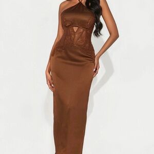 Chocolate Brown Lace-Detail Satin Evening Dress